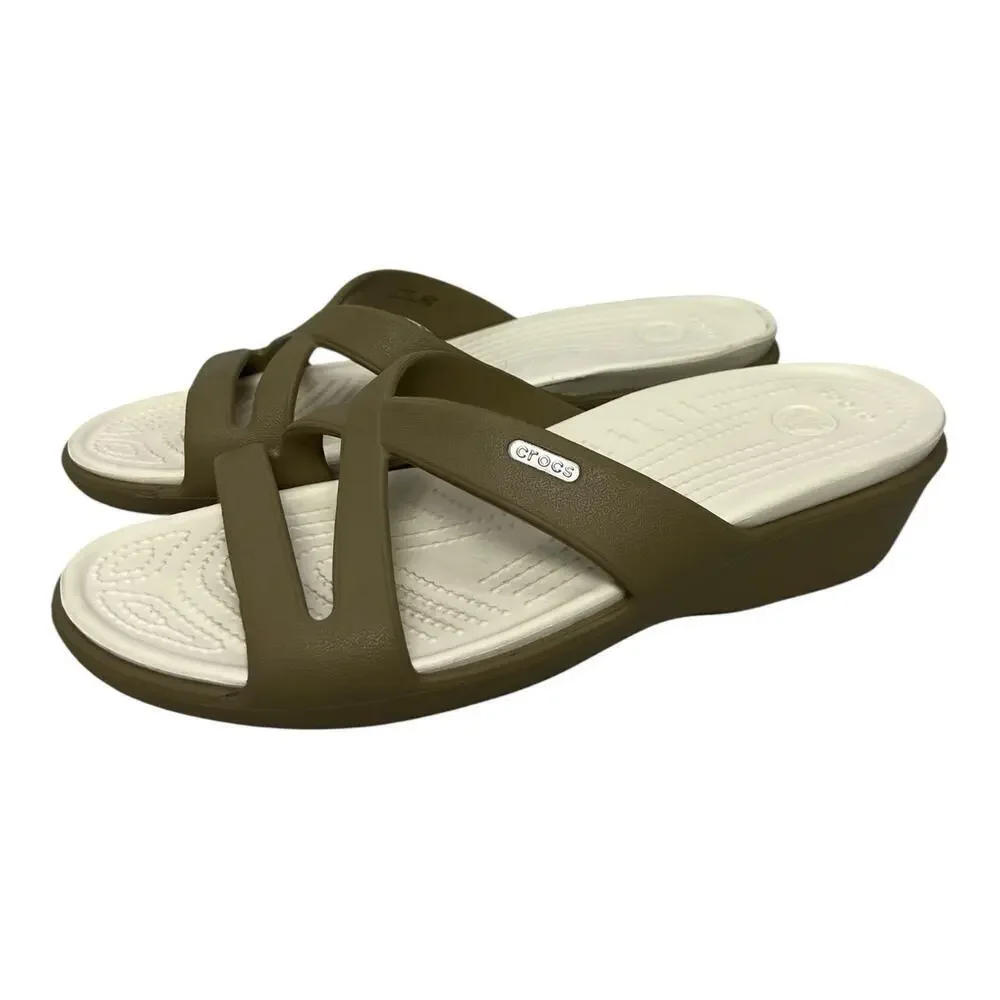 Crocs Patricia II Wedge Slide On Sandals Strappy Khaki & Oyster Color Size 11